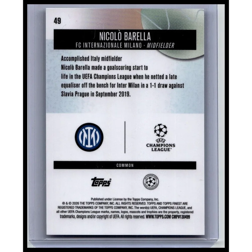 2025-26 Finest UEFA Nicolò Barella #49 Inter Milan Blue Checkerboard #/99